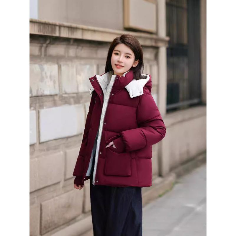 Contrast color cotton-padded clothes Women's short loose student bread clothes Winter new hooded cotton-padded jacket Girlfriend cotton-padded clothes