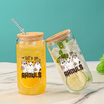Cute Halloween Ghost Printed 16oz Glass Cup Mason Can Water Bottles With Bamboo Lid&Straw Drinking Glass Cup Halloween Gifts
