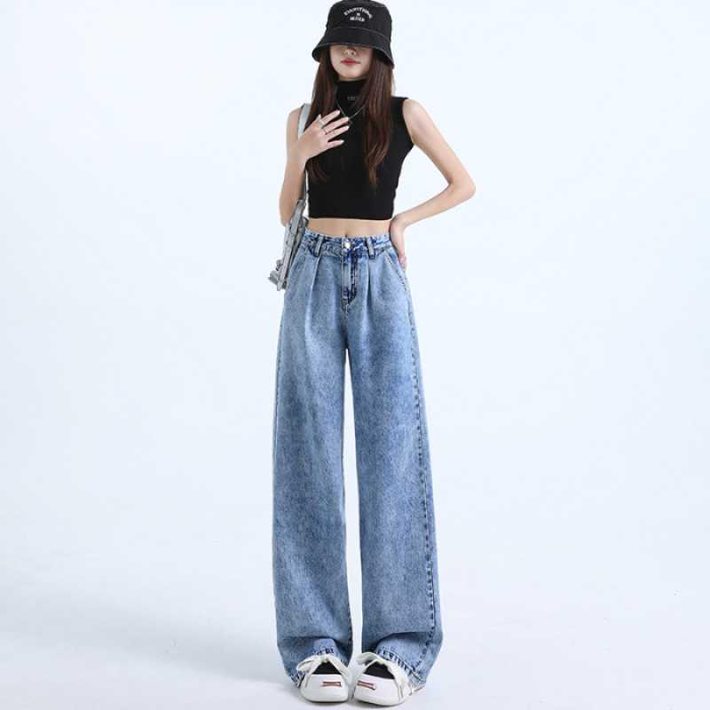 Sky Blue Soft Denim Double-Breasted High-Waisted Wide-Leg Extra Long Pants XL