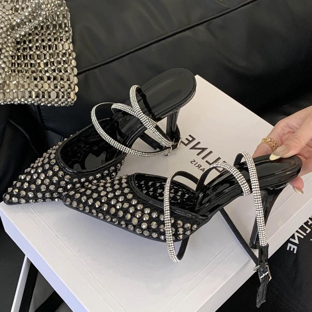 Mode Eilyken Sexy Kristallnieten Damen Pumps Sexy Spitzschuh Schnallensandalen Elegant Dünne Absätze Party Abschlussball Pantoletten Schuhe