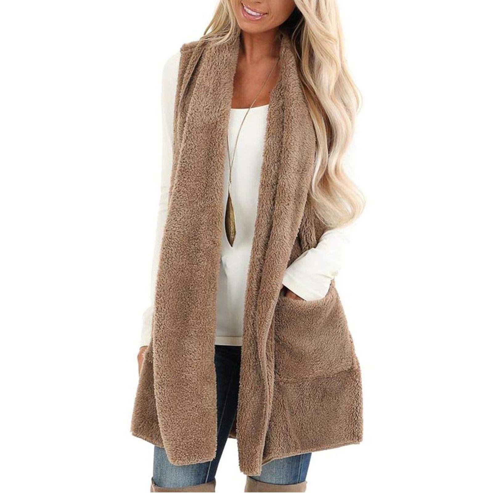 

Женское модное однотонное повседневное пальто из плюшевого жилета с карманами XXL хаки