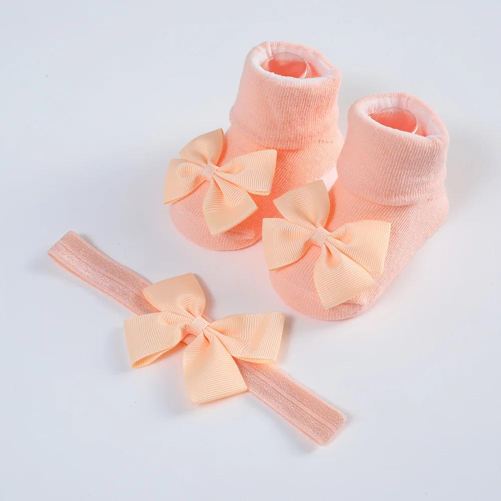 Cotton Newborn Baby Socks and Hair Band Set Ribbon Bow Headband for Baby Girls Breathable Socks Babies Accessories