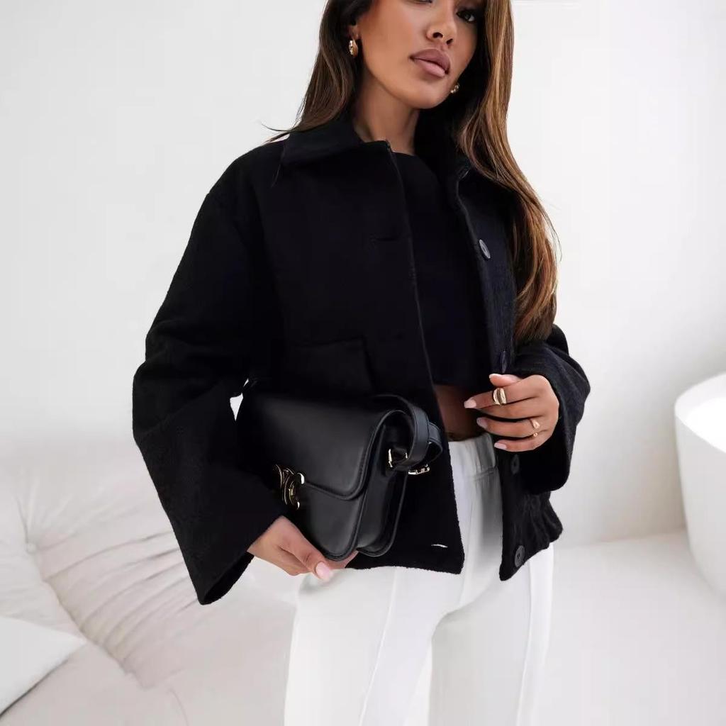 2024 Women's Winter Simple Fashion Single-Breasted Solid Color Woolen Coat