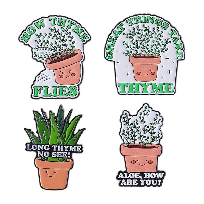 Plant Pots Enamel Pins Custom GREAT THINGS TAKE THYME Brooches Lapel Badges Clothes Funny Jewelry Gift for Friends
