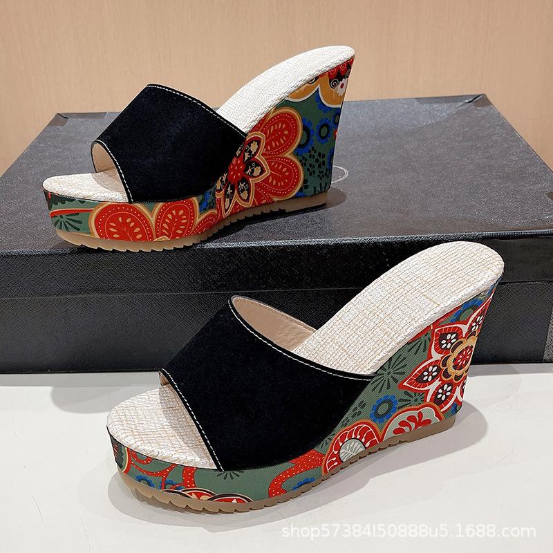 

Bohemian ethnic style super high heel slippers women s summer new wear fashion wedge heel cool slippers 35 чёрный