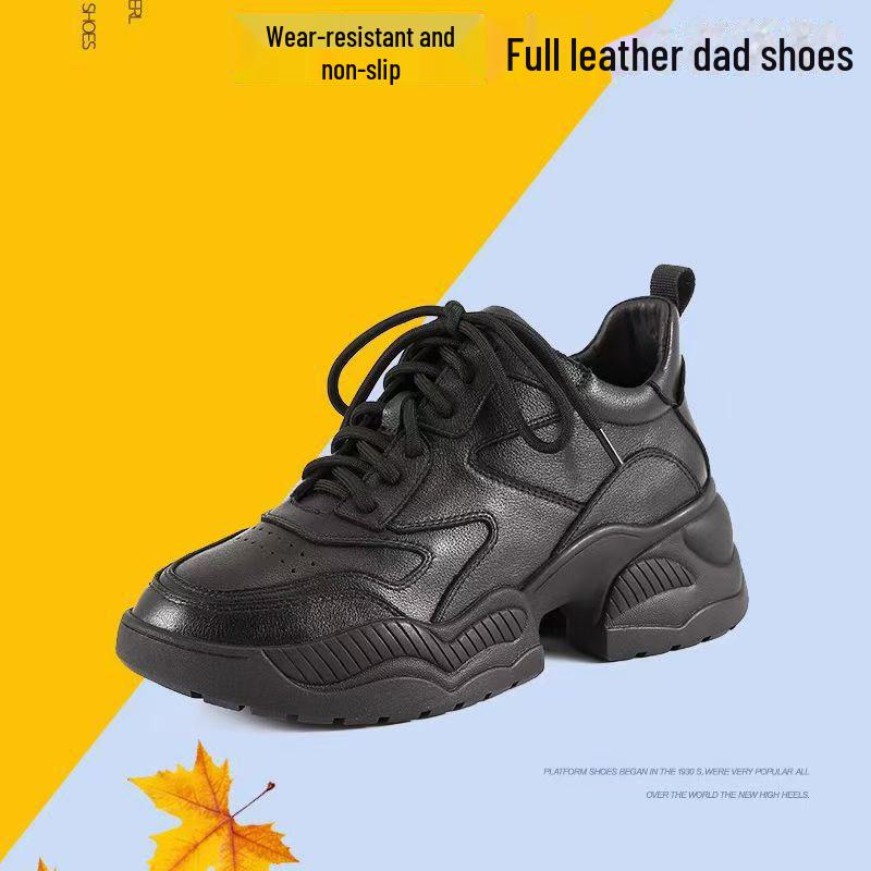 Zapatos de Papá de Suela Gruesa de Cuero Genuino Negro para Mujer Otoño/Invierno 2025: Versátil, Elegante y Casual.