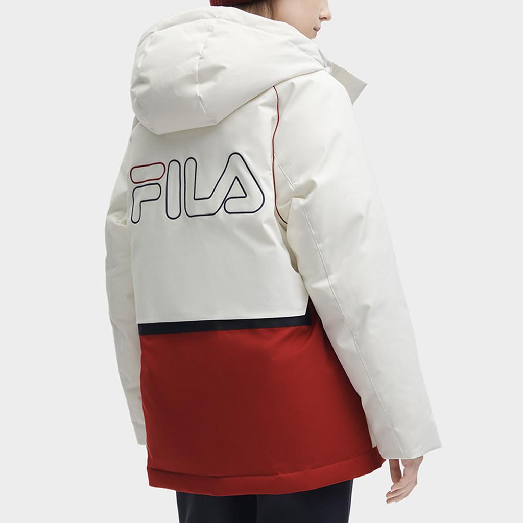 Fila Color Block Hooded Logo Print Casual Mid-Length Parka Down Jacket Women Outerwear Cloud-Mushroom-White F11W349905FWT