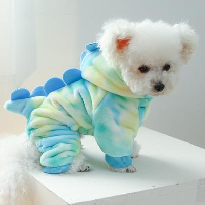 Fashionable Warm Pet Dinosaur Costume Colorful Style Cartoon Flannel Dog Hoodie Thicken Comfortable Dog Jumpsuit Autumn Winter