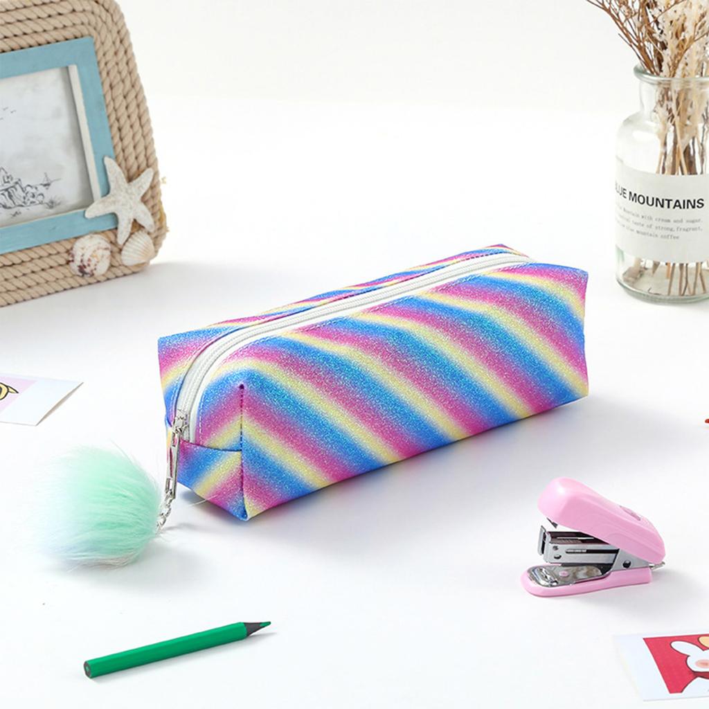 Glitter Rainbow Pattern Pencil Case Storage Bag with Zipper Closure and Pom Pom Charm Durable Portable Stationery Organizer
