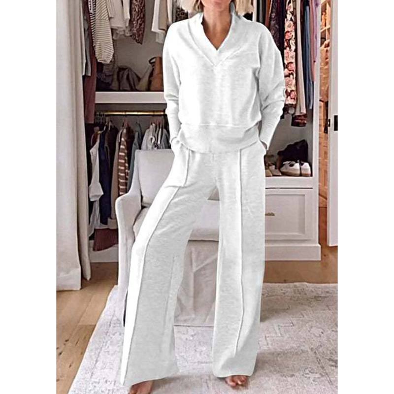 Women's Autumn  Winter Casual V-neck Long-sleeved Loose Top and Wide-leg Pants Two-piece Suit