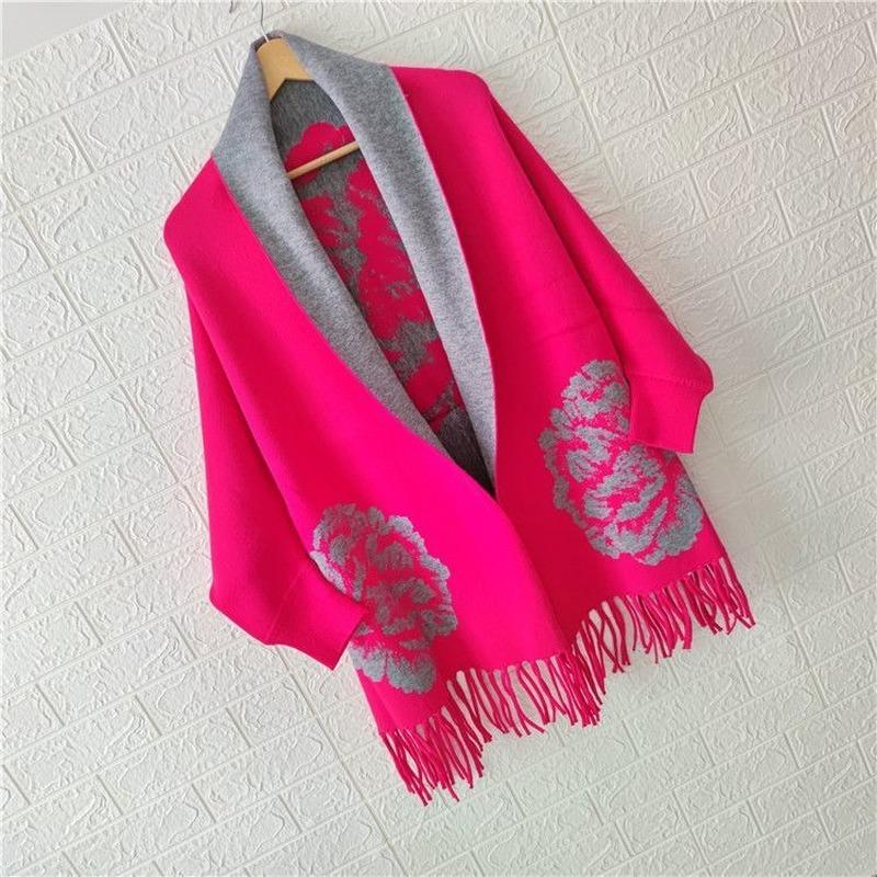 Poncho femeie 2022 toamnă și iarnă imitație de cașmir bujor eșarfă cu franjuri pe două fețe calde mâneci lungi șal pelerina top feminin