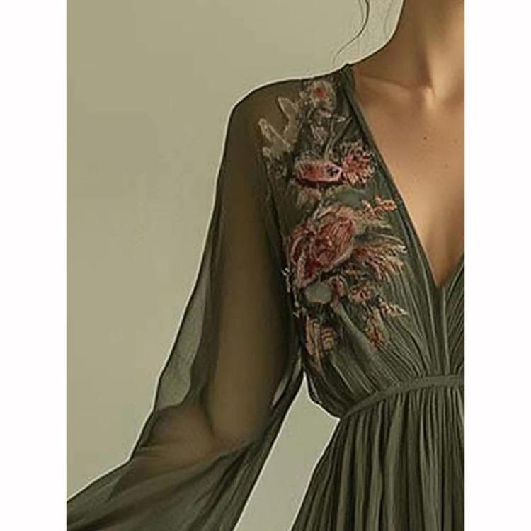 Floral Print Maxi Dress Women Long Sleeve V Neck High Waist Loose Party Dress Sexy Hollow Spring