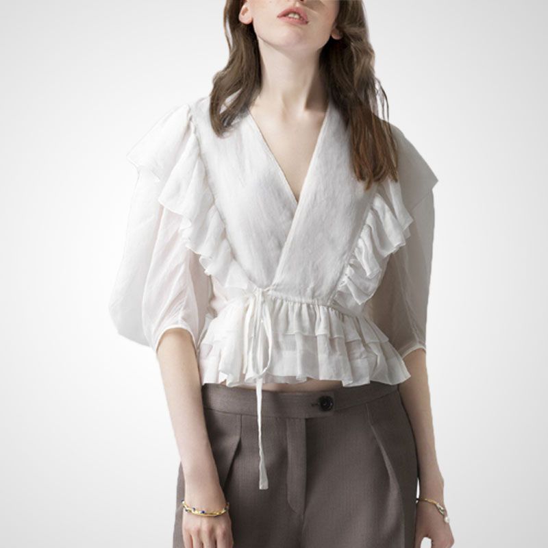 

Fashion Ruffles Cotton and Linen V-neck Shirt White XL