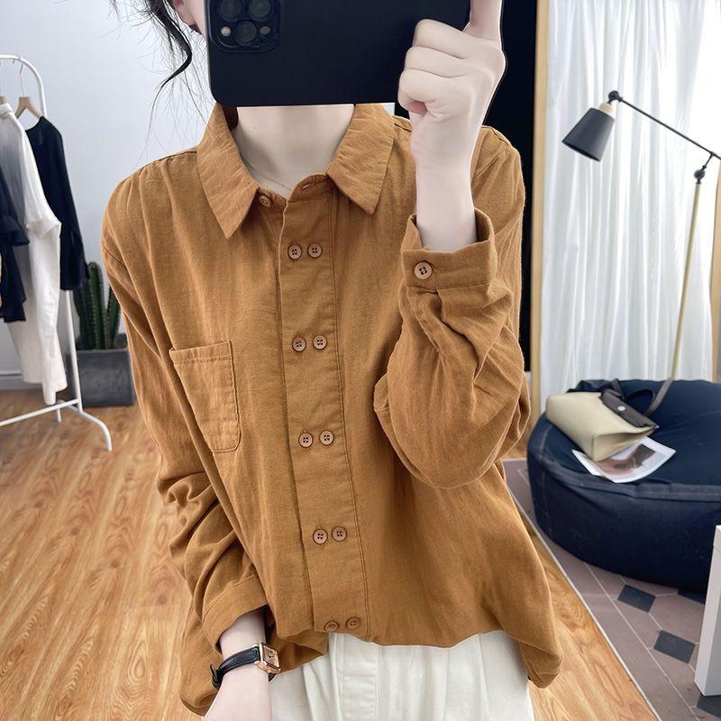 Spring Autumn Polo Collar Top Loose Design Shirt Double-breasted Cotton and Linen Long-sleeved Shirt for Women