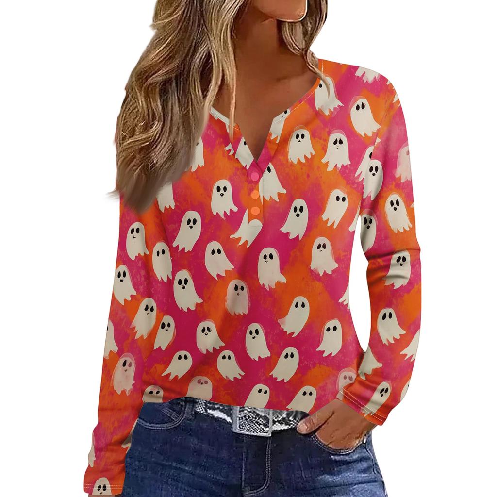 Women's Casual Long Sleeve T-Shirt with Halloween Print V-Neck Button for Parties