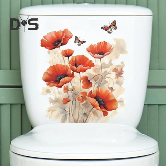 Red Flower Butterflies Toilet Sticker Removable Self-adhesive Waterproof PVC Living Room Bathroom Wall Art Floral Toilet Lid Decoration Decal