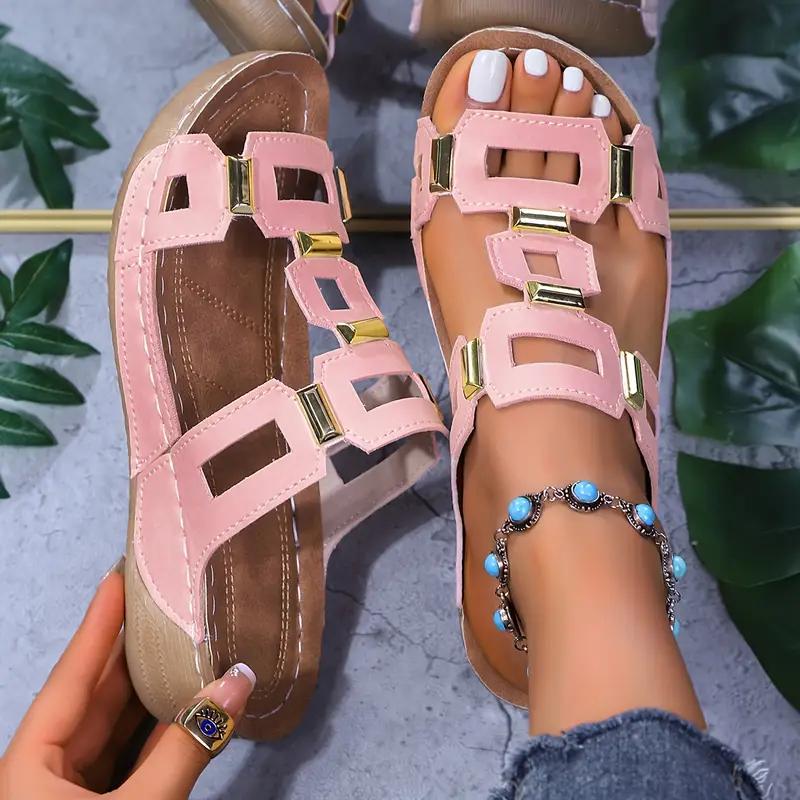 Ladies' Wedge Sandals, Gold Buckle Decoration, Thick Sole, All Season Comfortable Casual Slippers, Fashionable and Versatile Elegant Women's Shoes