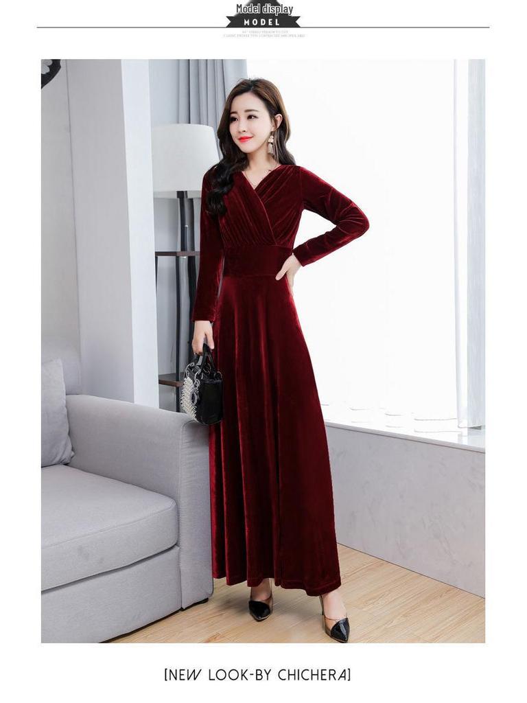2025 Gold Velvet Long Slim Dress with Long Sleeves - Plus Size Women's Spring/Autumn Fashion