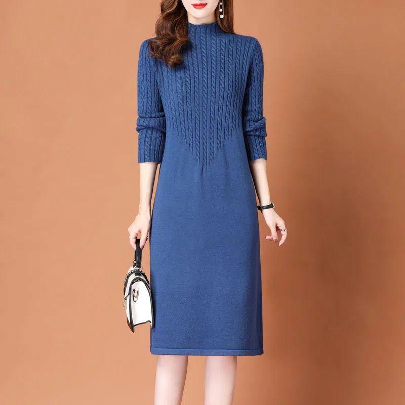 Womens Knit Midi Dress Winter Half Turtleneck A-Line Sweater Slim Fit Layering Under Coat