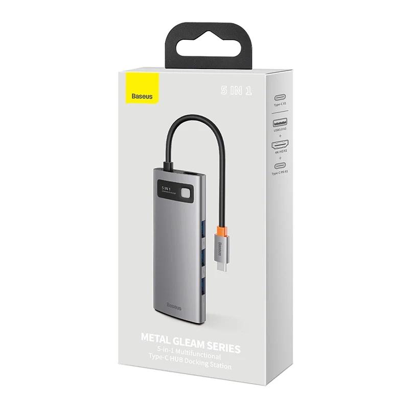 Hub 5W1 Baseus Metal Gleam Series, Usb-C Do 3X Usb 3.0 + Hdmi + Usb-C Pd