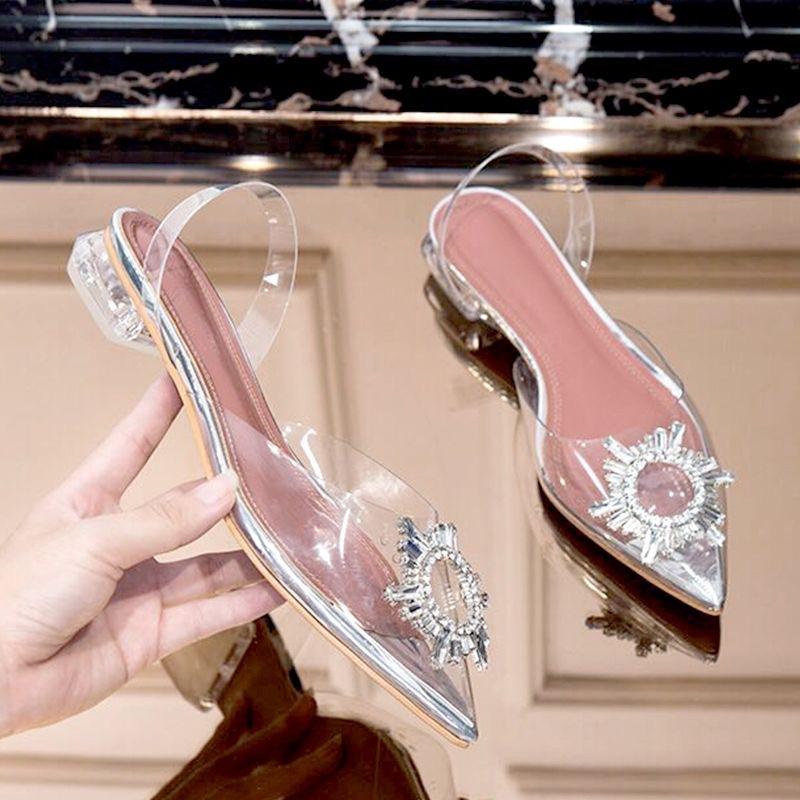 Chaussures d'été fines à talon haut et fin, bout en sac, talon en cristal, talon court mode, strass, transparentes pour femmes, rue frite, haute valeur