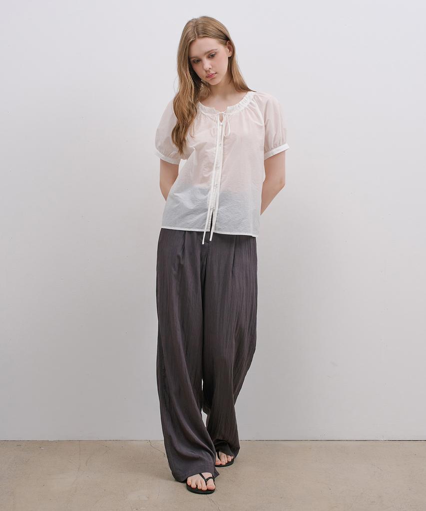 MIND BRIDGE WOMEN [W] Sheer Shirred White Short Sleeve Blouse
