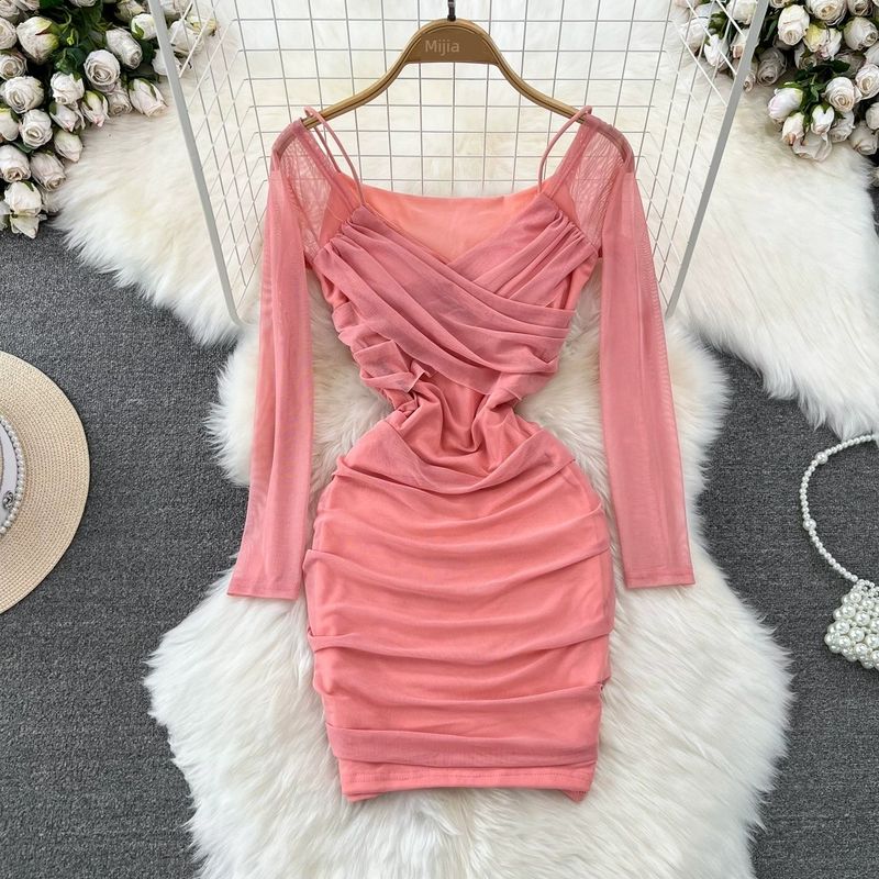 

Ruched Sexy Long Sleeves off-the-Shoulder Strap Dress Mesh Pink M