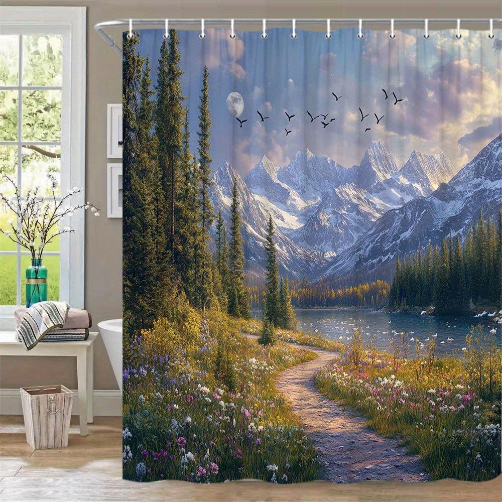 1Pc Extra Large Bath Curtain - Mountain Sunset Path Wildflower Trail Moonlit Lake Snowy Peaks Evergreen Forest Design - High-Qua