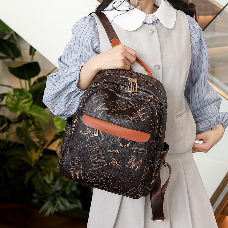 Leather Women Letter Printed Backpack Student Schoolbag Large Capacity Travel Bags