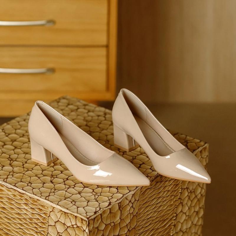 Fashion Square Heel Patent Leather Shoes Women PumpsSole Work Pointed Toe