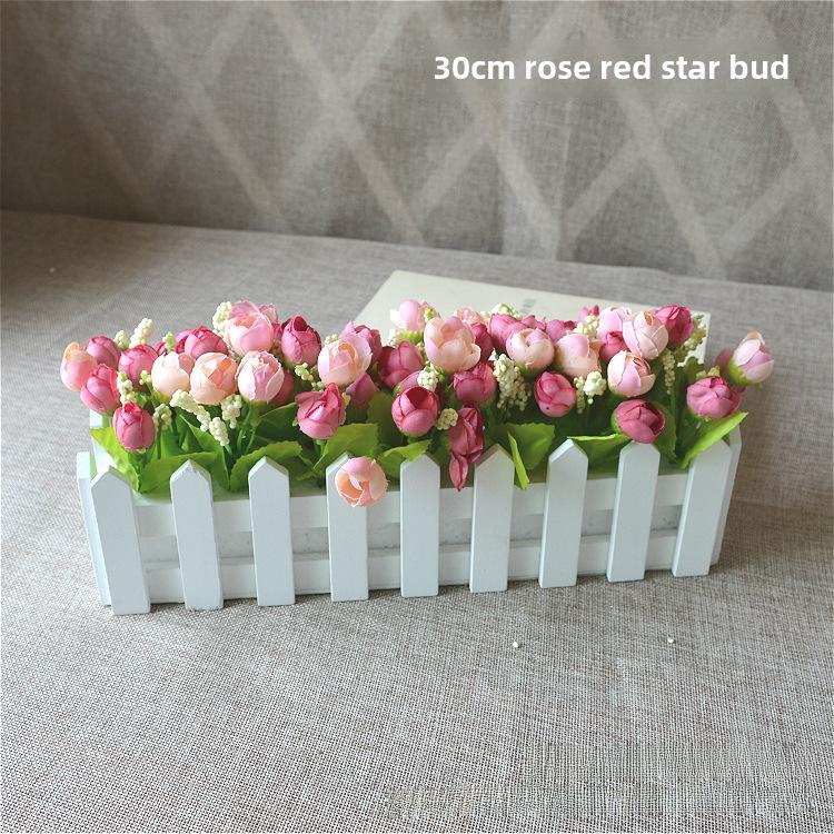 Artificial Flower Set: Wooden Fence & Small Potted Plants for Home Decoration