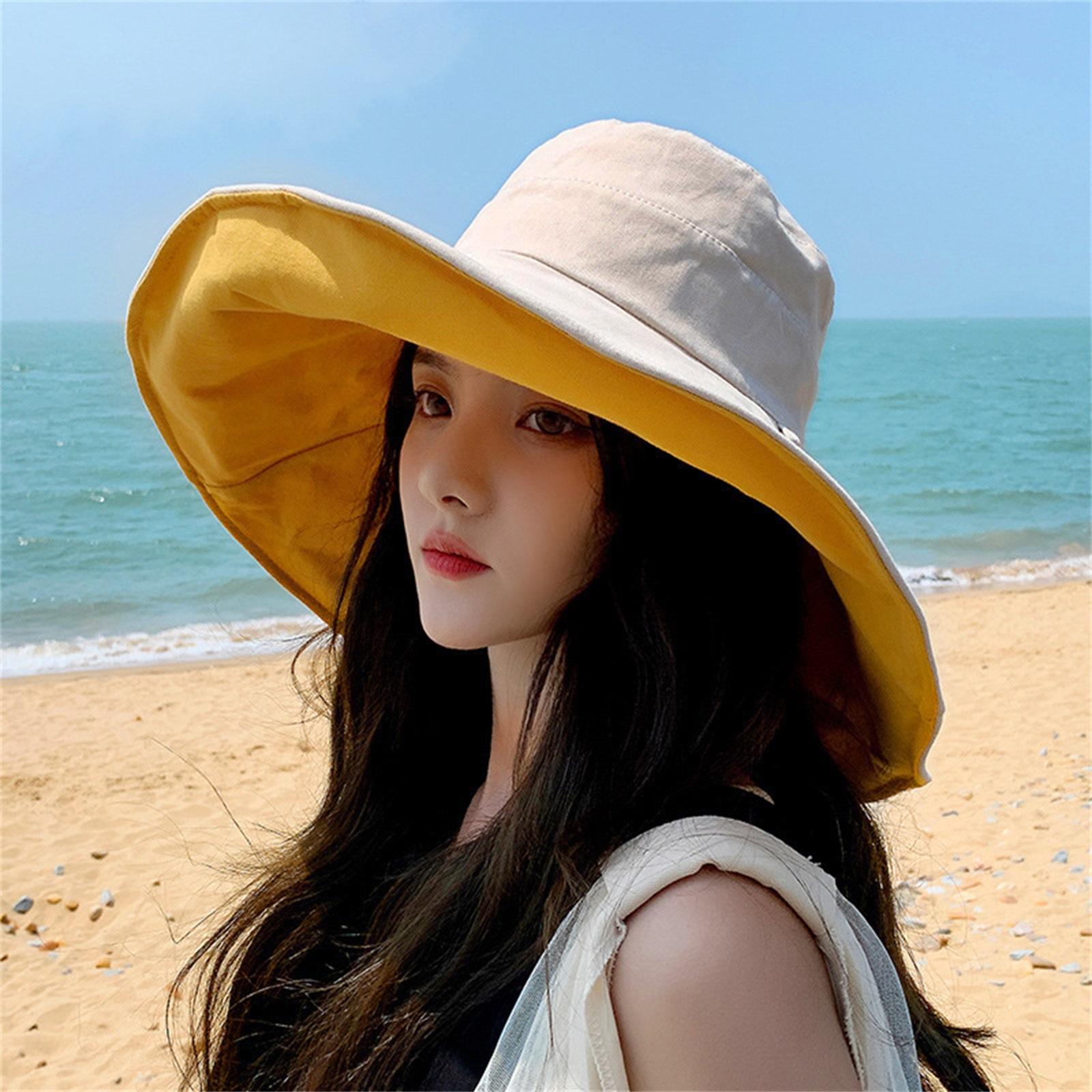 

Wide Brim Reversible Bucket Hat Sun Protection Hat for Women Outdoor Travel Round Face Fashion Korean Style one size