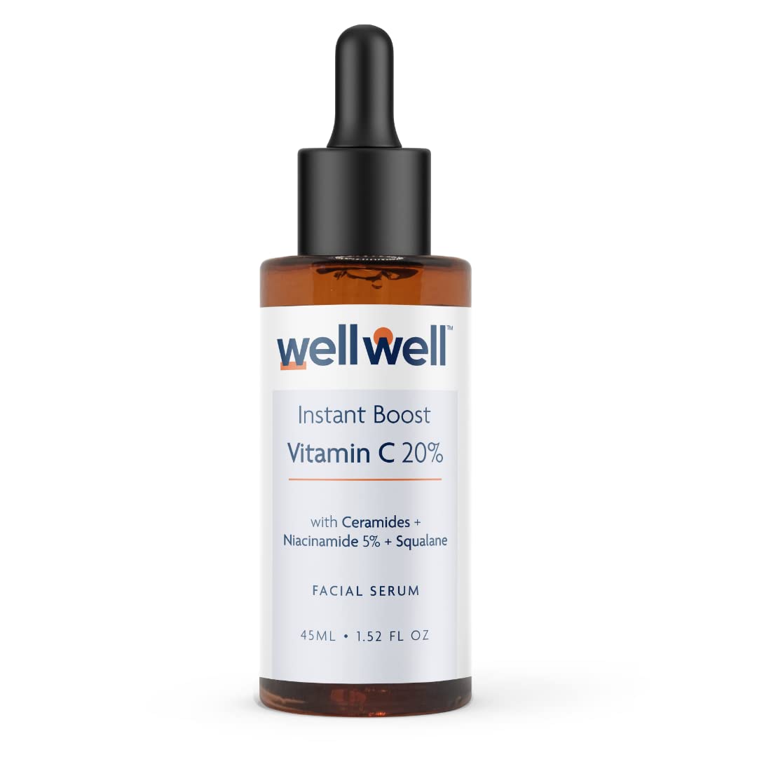 wellwell Vitamin C 20% Pure Ethyl Ascorbic Serum + Niacinamide 5%, Ceramides & Squalane | 45ml | Brightening, Hydrating, Anti-Aging, Sun Damage | F