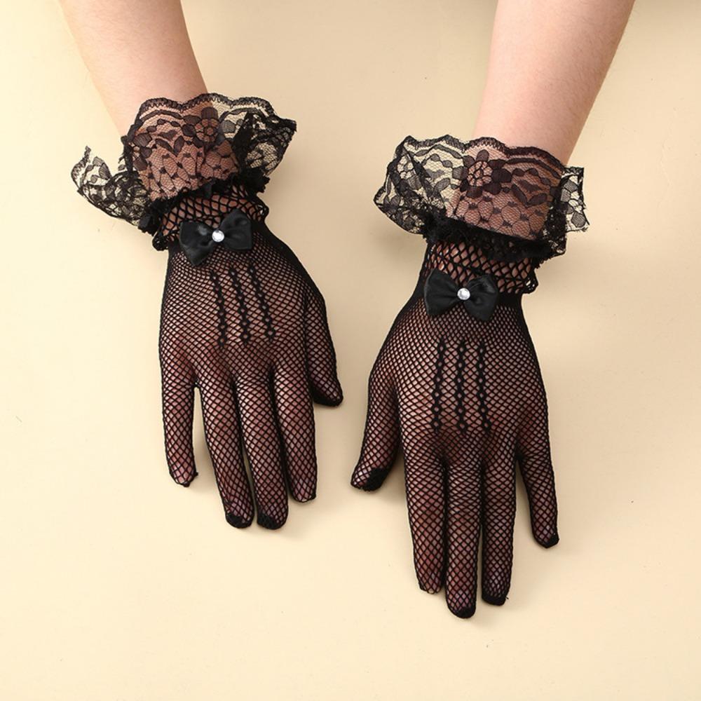 Women Thin Fishnet Mesh Driving Gloves Black White UV Protection Ruffle Lace Gloves