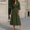 VONDA Womens Casual Lapel Collar Button Down Half Sleeve Office Style A Line Midi Shirt Dress