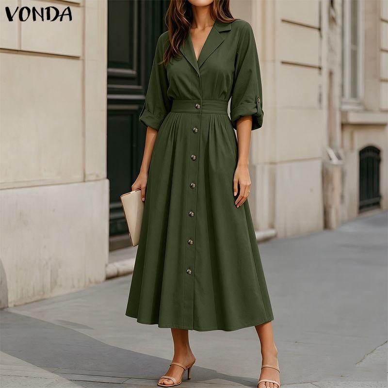 VONDA Womens Casual Lapel Collar Button Down Half Sleeve Office Style A Line Midi Shirt Dress
