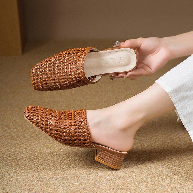 Woven hollow bag head half slippers women's new summer flat bottom square head fashion lazy cool slippers women's outer wear