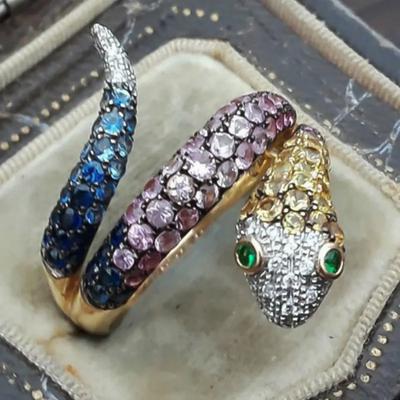 Luxury Rainbow Crystal Green Zircon Eyes Engagement Ring Punk Exaggerated Snake Shaped Wedding Rings for Women Boho Jewelry