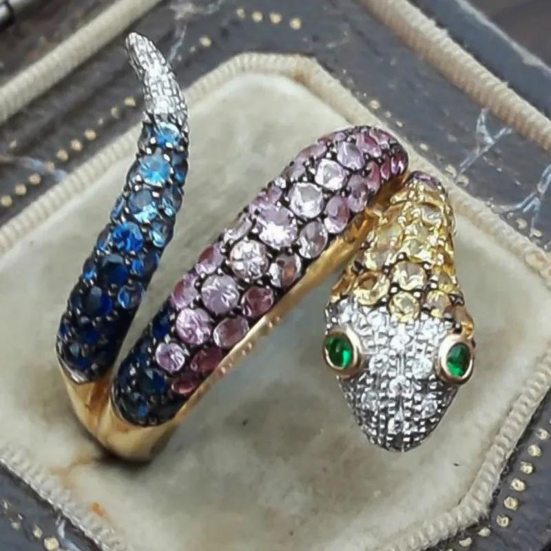 Bague de fiançailles Oeil en Cristal Arc-en-ciel Zircon Vert de Luxe Anneaux de mariage Forme Serpent Exagérée Punk pour Femmes Bijoux Bohème