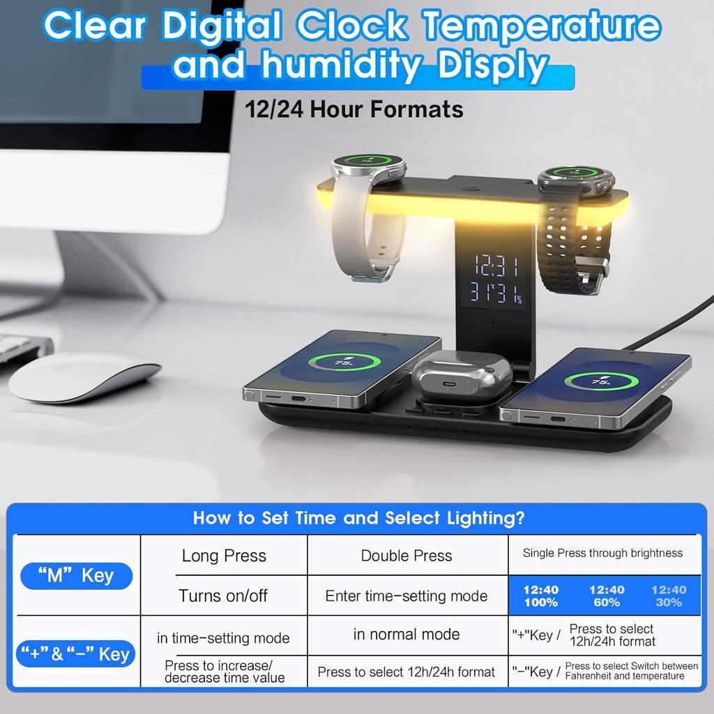 7 In 1 Dual Magnetic Wireless Charging Station for Samsung Foldable Charger with Clock LED Night Light