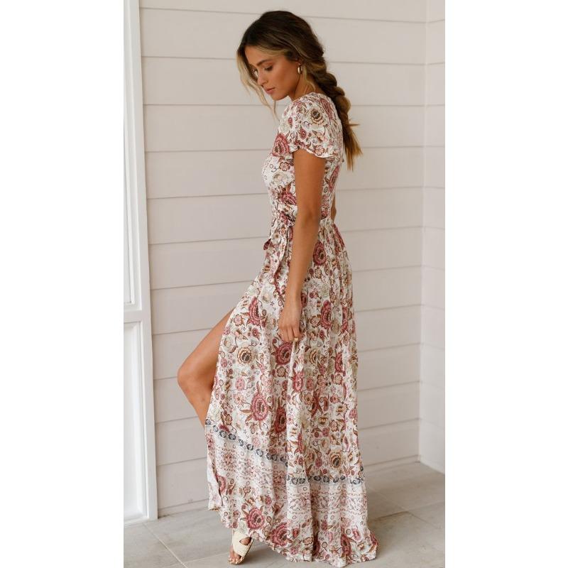Summer Short Sleeve Casual Printed Long Dress Sexy Floral Fashion Elegant Loose Holiday A-line High Slit Party Dress Slim Fit Women's Clothing