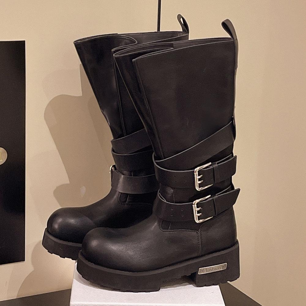 

Мода 2025 Дизайн бренда Большой размер 42 Женские панк мотоциклетные ботинки Модные черные ботинки до середины икры на платформе с массивным каблуком и большим пальцем 42