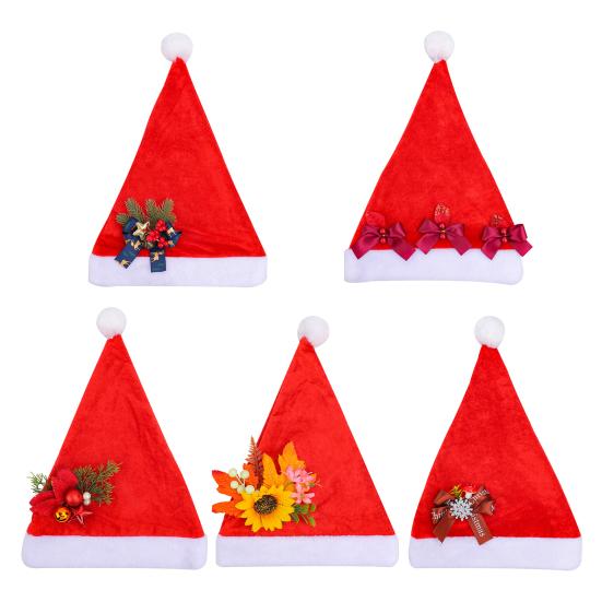 Santa klobouk pro dospělé Plyšový červený sametový Santa klobouk s mašlí/slunečnicí/zvonkem/sněhovou vločkou dekorací pro vánoční večírek dárek