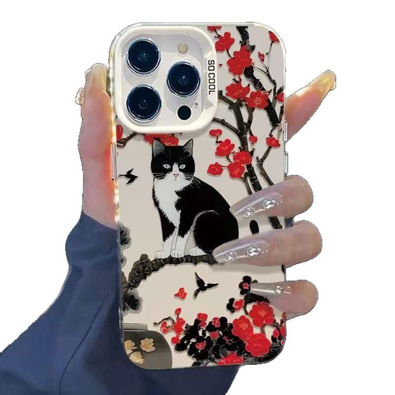 Plum blossom black cat is suitable for iphone16 mobile phone case Apple 15promax/14 anti-drop 13pro12 personality 11xr