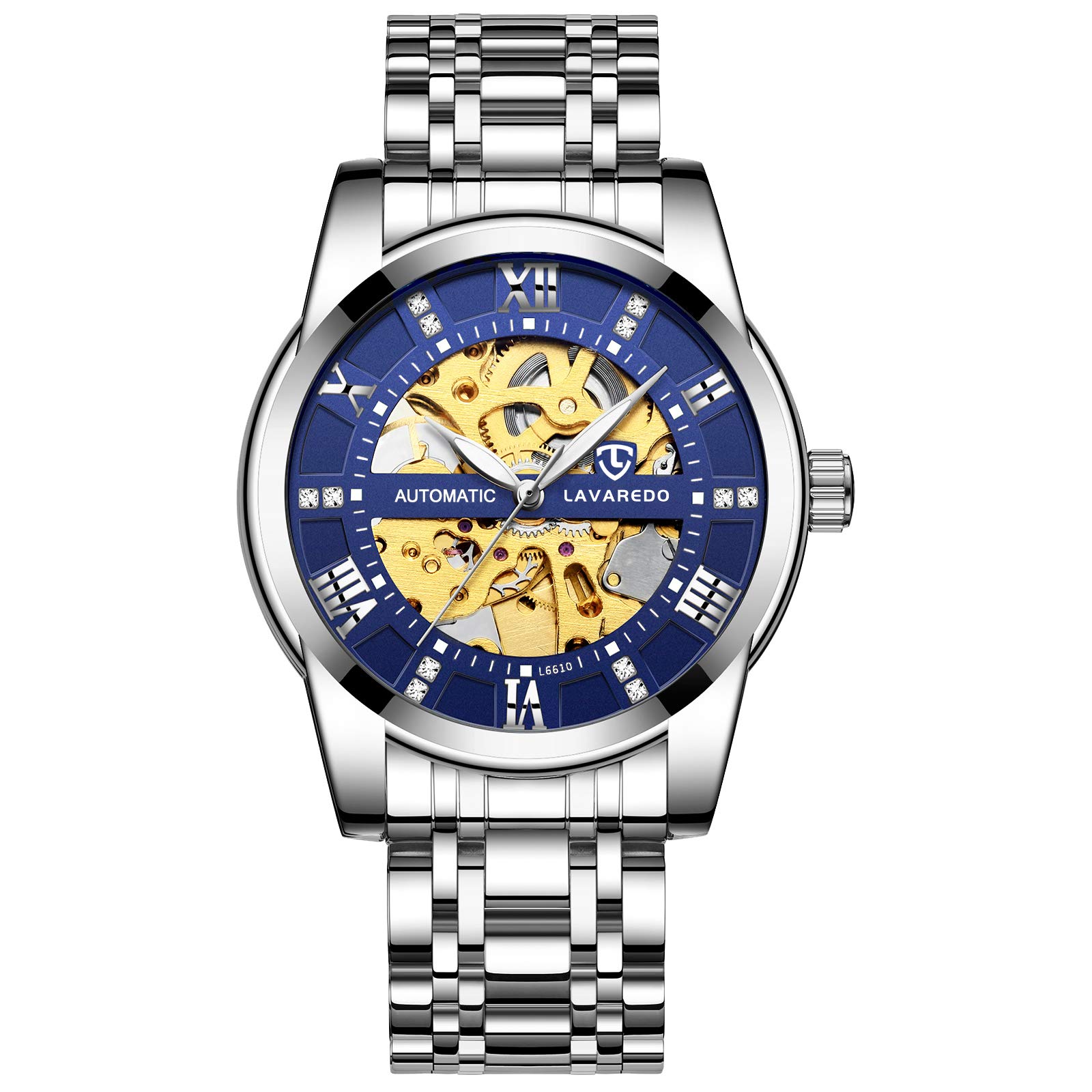 Tevise Men s Skeleton Automatic Watch Silver Stainless Steel Luxury Waterproof Luminescent Diamond Roman Numerals Dial Gold and Blue