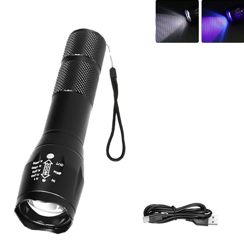 2-in-1 Type C Rechargeable UV Flashlight Torch Light 395nm Black Light Portable Ultraviolet Light Pets Blacklight UV Flashlights