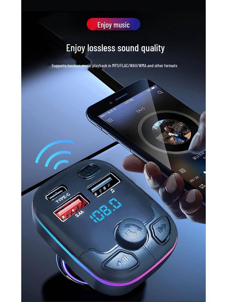 Bluetooth V5.3 Car FM Transmitter & Charger with MP3 Playback and Hands-free Calling