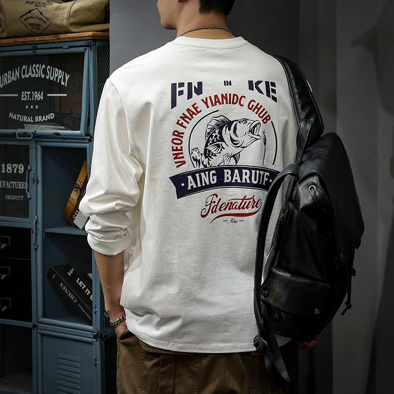 

Футболка с длинным рукавом с принтом «Весна и осень», мужская, плотный топ из чистого хлопка, американский свободный белый свитер Tide 4XL белый