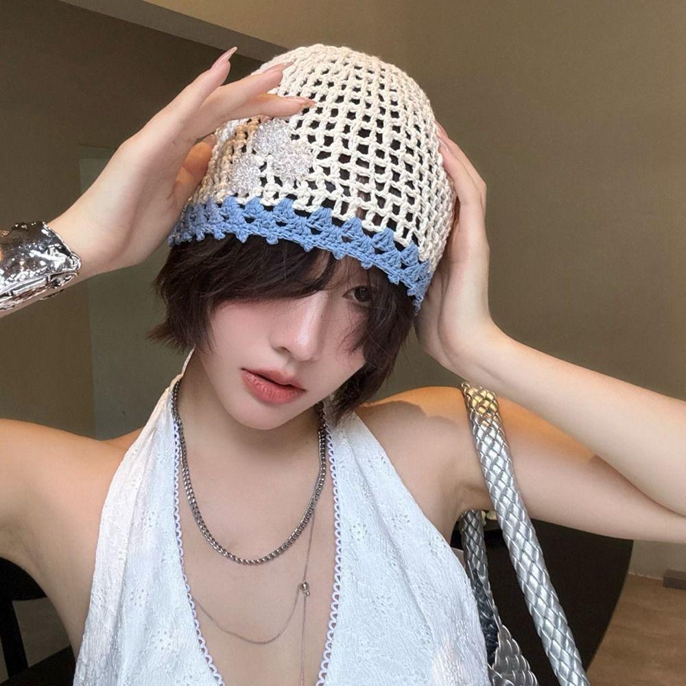 Handmade Crochet Flower Hat Thin Hollow Out Knitted Hat Cute Weave Cap  Girls