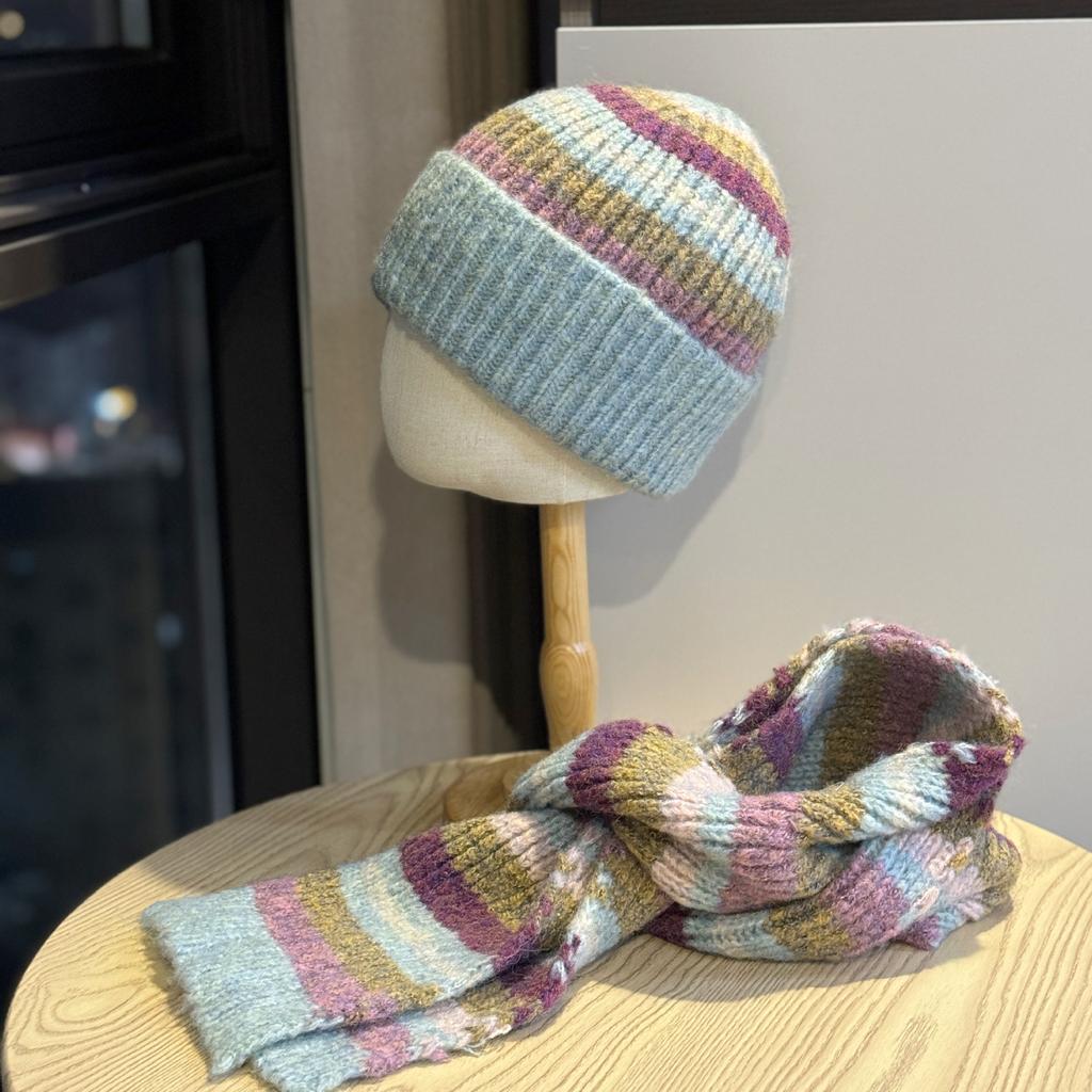 Korean Style Solid Color High End Knitted Hat for Women Autumn and Winter Thickened Warm Atmosphere Scarf Set Versatile Woolen Hat